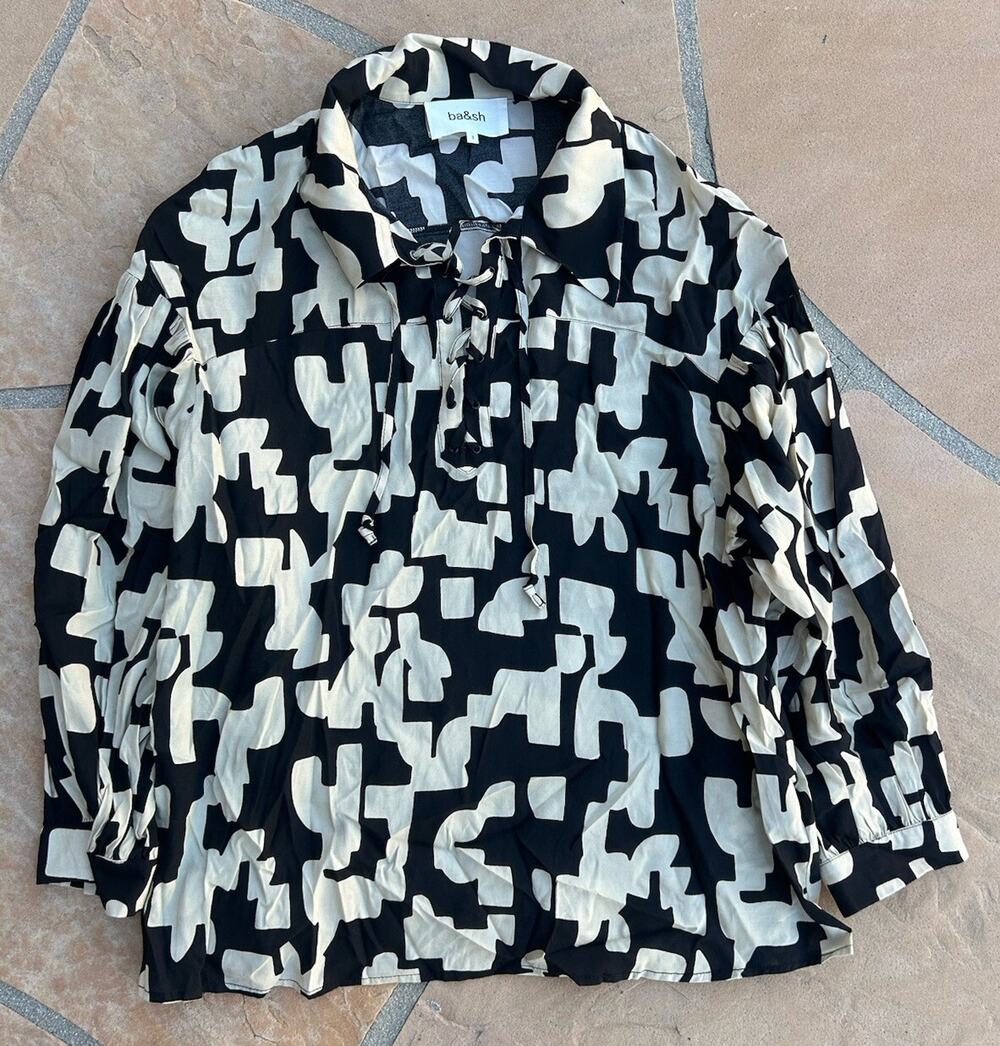 Ba&Sh Lady Blouse Womens 3 US Large Black White Abstract 3/4 Puff Sleeve